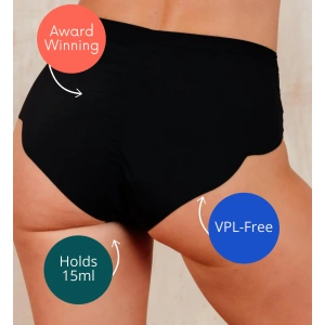 NIXI Susie Sporty Hip Hugger underwear are a pair of black hip hugger underwear shown on a female body in black.