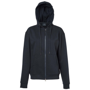This is the Mountain Horse Women's Hoodie in black. A black, zip up hoodie with a large hood and cuffed sleeves.