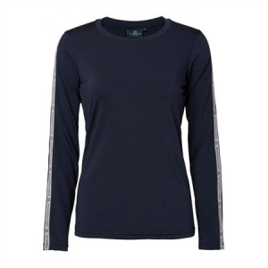 Mountain Horse Active Stripe long sleeve tech top in navy blue with a round neck. It has white lines down the outside of the arms with mountain horse written repeatedly