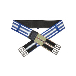 O Shepherds lightweight double buckle racing girth in blue and white stripes with metal buckles