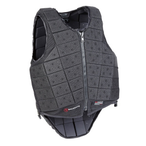 RaceSafe ProRace 2.0 body protector in black with a long tail and a zip down the front.