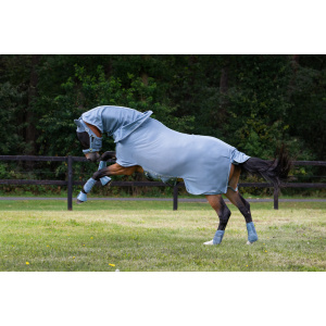 Eskadron Fly Rug Detachable Neck in a steel blue colour while the horse plays in the summer field